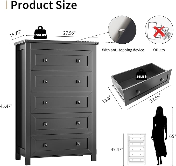 Dresser for Bedroom with 5 Drawers, Tall Wood Chest of Drawers, Modern Farmhouse Closet Clothes Organizer, Storage Tower Cabinet with Metal Handles for Hallway, Living Room, Entryway, Black