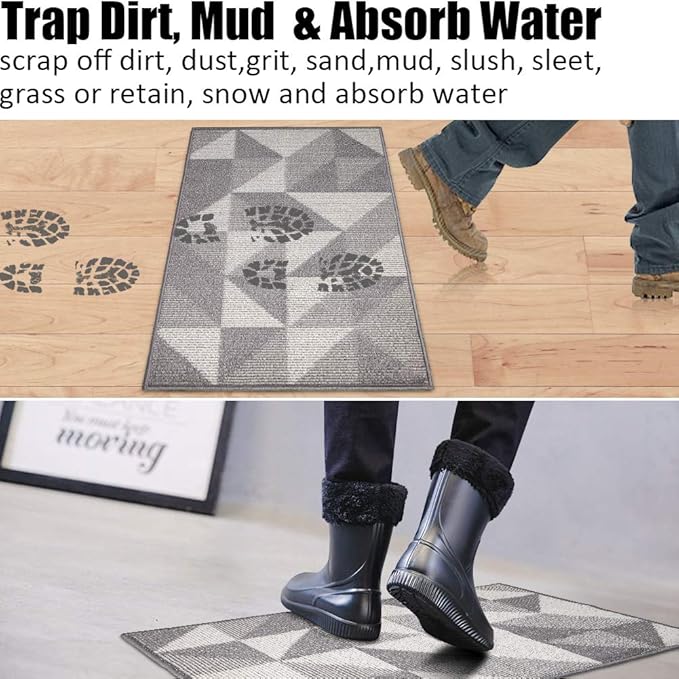 Indoor Doormat 20"x 32", Absorbent Front Back Door Mat, Rubber Backing Non Slip Floor Mats Inside Mud Dirt Trapper Outside Entrance Front Door Rug Carpet, Machine Washable Low Profile - Grey Geome