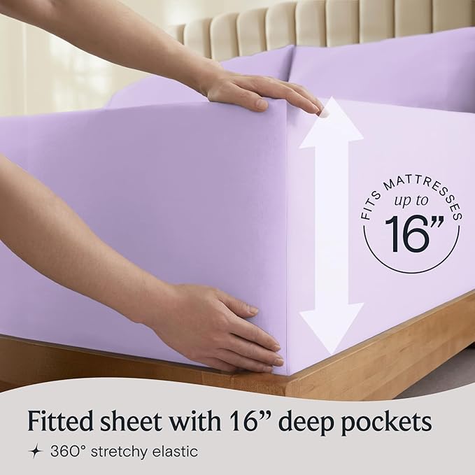 LuxClub 4 PC King Sheet Set, Deep Pockets Wrinkle Free Cooling Bed Sheets Hotel Bedding for Women, Men, Includes 1 Fitted Sheet, 1 Flat Sheet and 2 Pillowcases-Soft Lavender