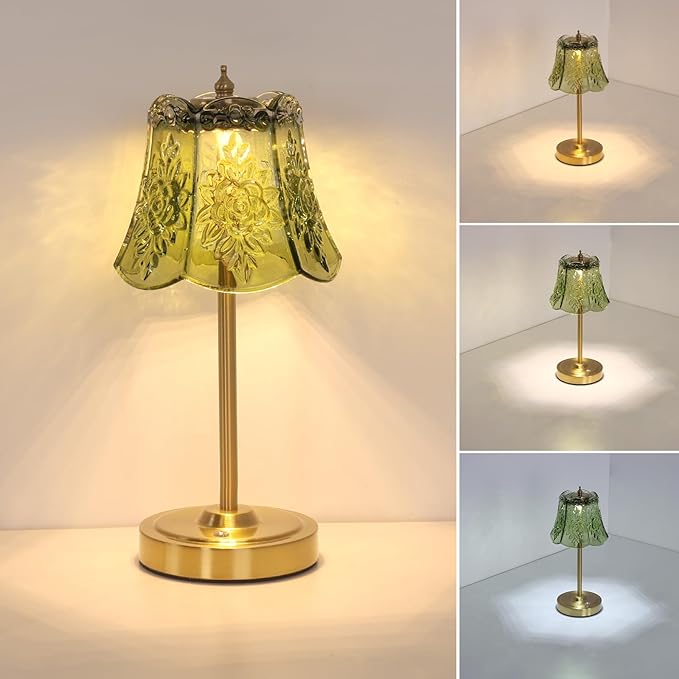 Small Table Lamp with 5200mAh Battery & Touch Control - 3 Adjustable Color Temperatures, Dimmable Rechargeable Table Lamps for Living Room, Bedroom, Bedside (Green Rose)