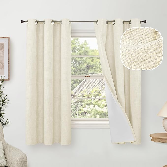 Linen Blackout Curtains for Bedroom Narrow Window, Thermal Insulated Complete Light Blocking Privacy Soundproof Small Curtains for Basement, Each 38 Inch Wide 63 Inch Length 2 Panels, Cream