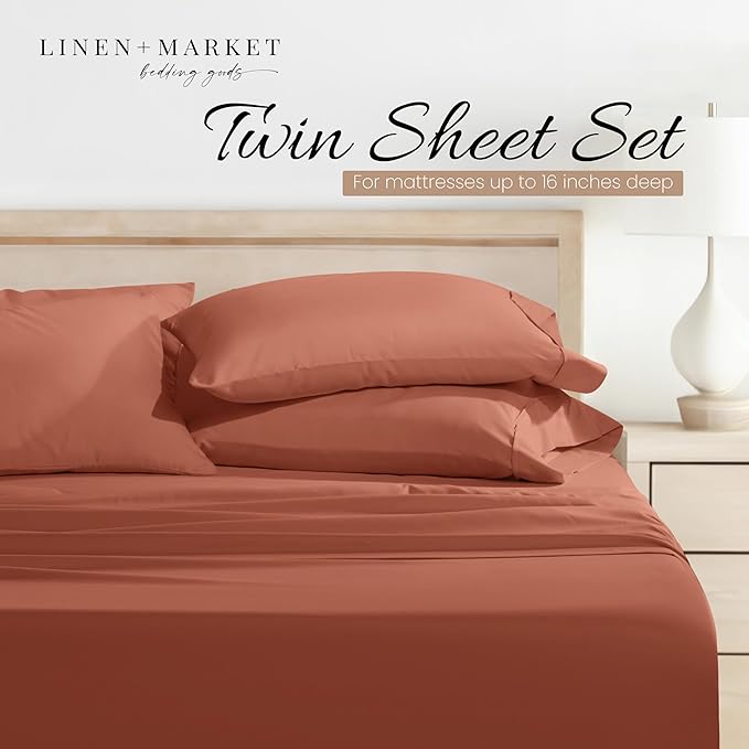 Linen Market Bed Sheets for Twin Size Bed (Clay) - Sleep Better Than Ever with These Soft and Cooling Twin Sheets - Deep Pocket Fits 16" Thick Beds - 4 Piece Twin Sheet Set