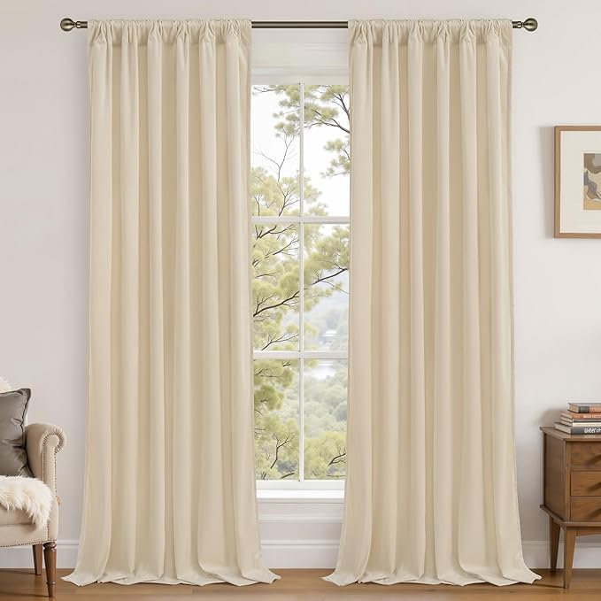 LAMIT Beige Velvet Curtains for Living Room 96 Inches Long, Elegant Thermal Panels Noise Reducing Back Tab and Rod Pocket Drapes for Bedroom/Farmhouse, 2 Panels, 52 x 96 Inch
