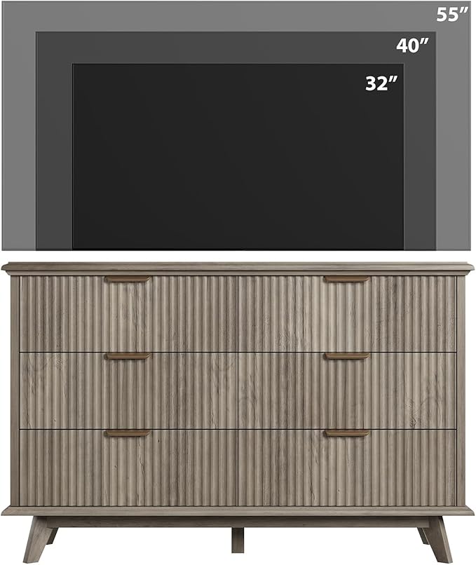 QUW Modern Fluted Dresser for Bedroom with 6 Drawers,47.2" Wood Closet Organizers and Storage,Wide 6 Drawer Dresser with Metal Handle,Hallway,Living Room(Grey)