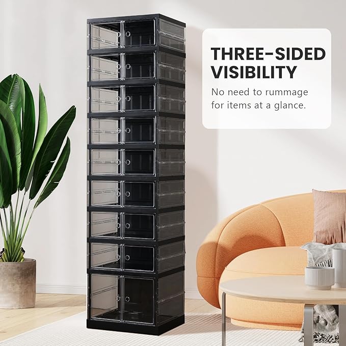 Shoe Rack Organizer for Closet Entryway Foldable Sneaker Storage Shoe, Collapsible Shoe Cabinet, Stackable Shoe Storage Cabinet with Lids for Living Room (9 Tiers -18 Pairs Transparent Black)