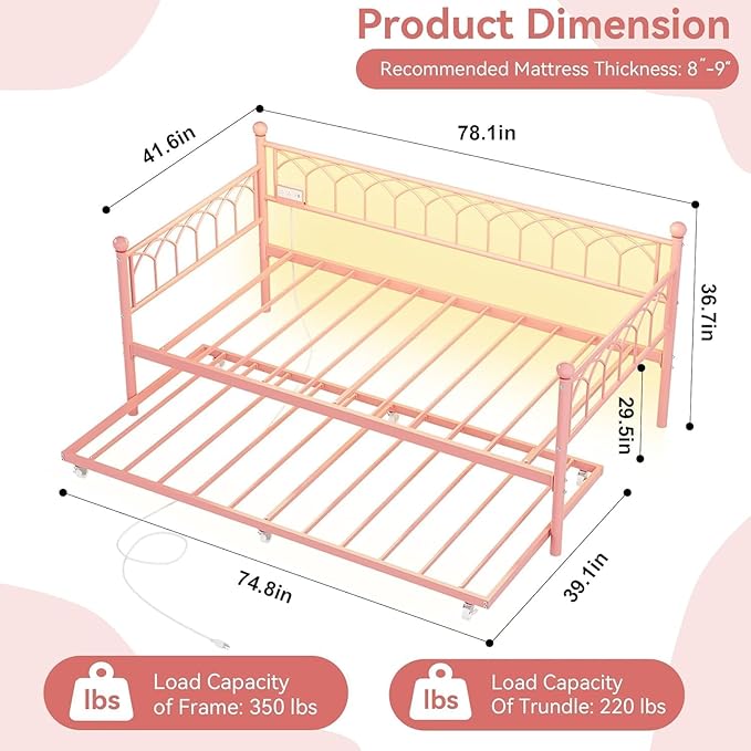GarveeHome Twin Size Daybed with Charging Station and LED Lights, Metal Bed Frame with Trundle, Sofa Beds Frame with Steel Slat Support for Living Room, Guest Room, Apartment, Small Spaces, Pink