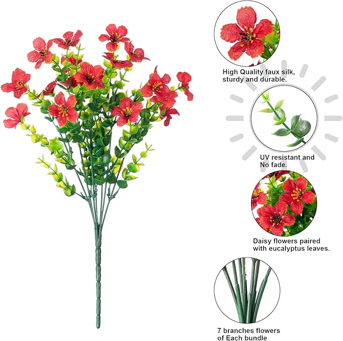 HyeFlora Artificial Flowers for Outdoor Indoor Garden Home Decoration, Faux Flower Daisy with Eucalyptus Leaves Fake Plants Greenery Boxwood Porch Patio, 12 Bundles (Red)