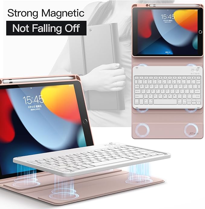JETech Keyboard Case for iPad 10.2-Inch (2021/2020/2019 Model, 9th/8th/7th Generation) with Pencil Holder, Magnetic Detachable Bluetooth Wireless Keyboard, Soft TPU Back Stand Cover (Rose Gold)