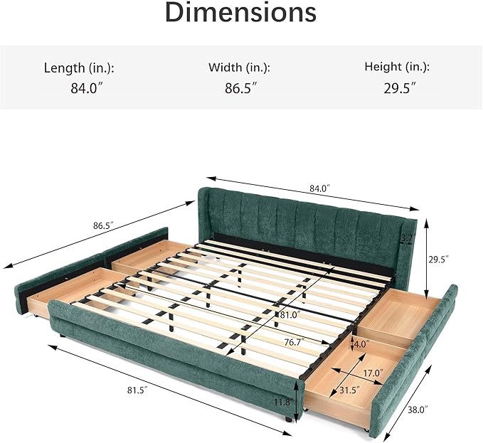 DEINPPA King Size Bed Frame with 4 Storage Drawers and Cloud Soft Headboard, Chenille Upholstered Grounded Wood Base Bed Frame, No Box Spring Needed-Blue+Green