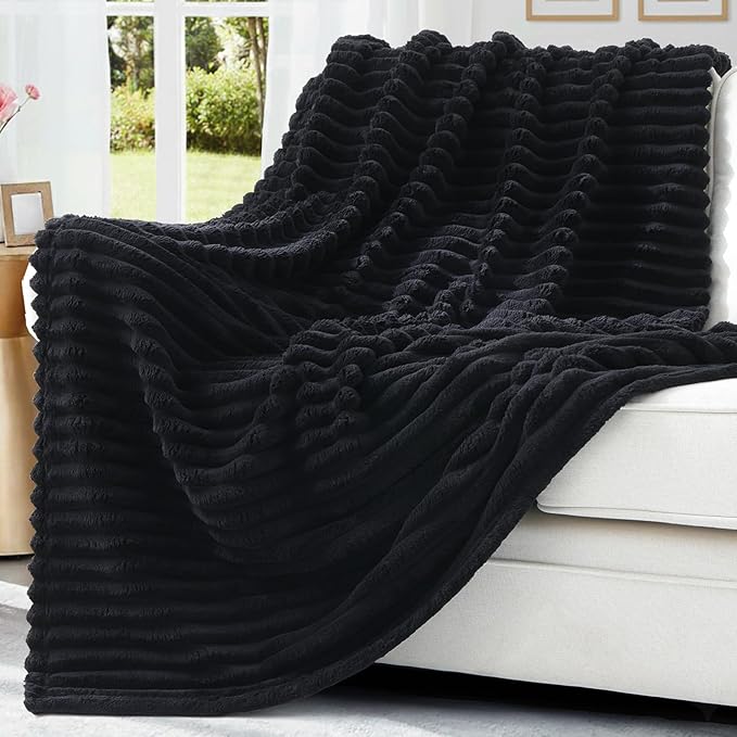 decorUhome Christmas Soft Fleece Black Blanket King Size for Bed, Cozy Fluffy Plush Flannel Large Striped Throws for Couch Sofa, Lightweight Decorative Fuzzy Blanket for Woman, 108x90 Inches