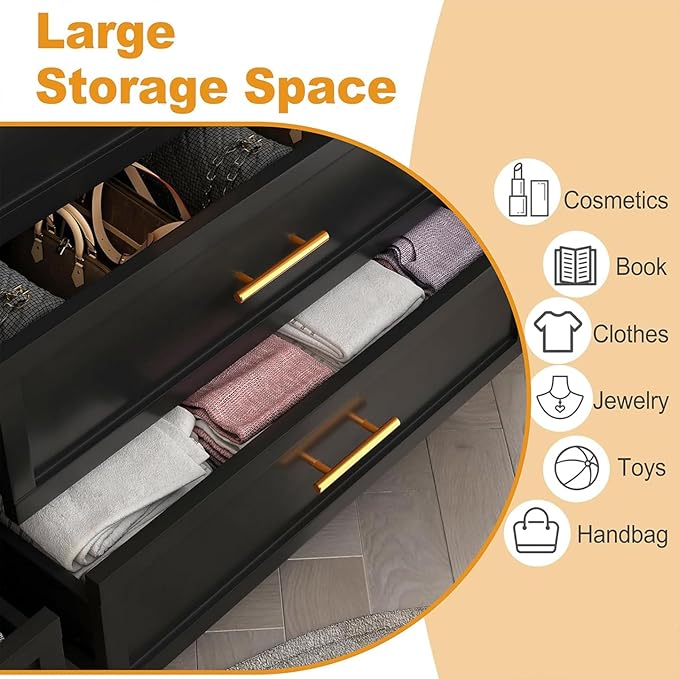 5 Drawer Dresser, Metal Tall Dresser for Bedroom, Black Bedroom Dressers with Drawers, Curved Corner Design Dressers & Chest of Drawers, Storage Cabinet for Hallway, Entryway (Black)