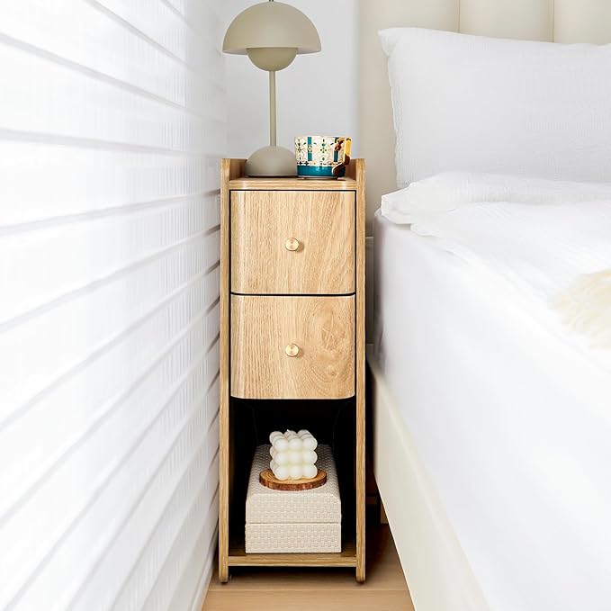 Small Nightstand Set of 2, Wood 2 Drawer Narrow Nightstand, Slim Side Table, Modern Skinny End Bedside Table, Natural Wood Night Stand with Drawers for Bedroom (Natural-2 pcs)