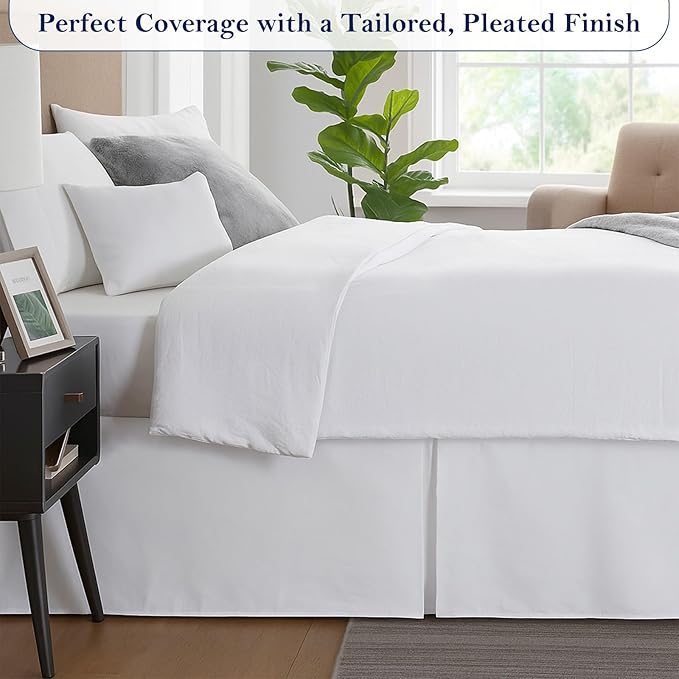 Luxury Pleated Bed Skirt, 18 Inch Tailored Drop Bed Skirt, Soft Double Brushed Premium Microfiber Bed Skirt, Easy Fit Bed Skirt, Fade & Wrinkle Resistant, Box Pleated Queen Size Bedskirts - White