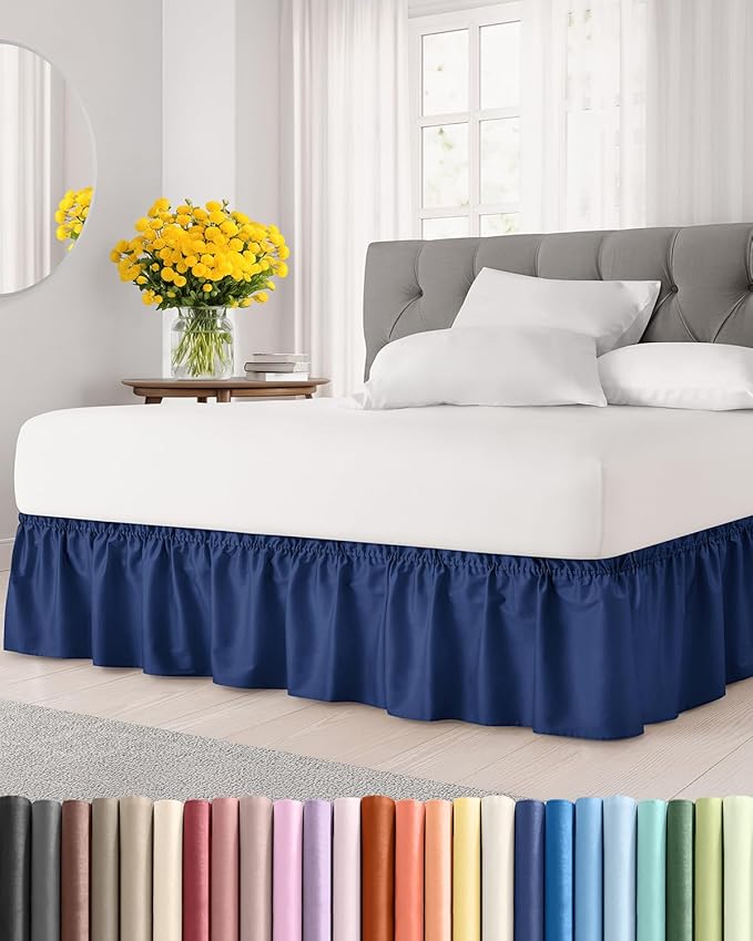 Wrap Around Dust Ruffle Bed Skirt - Navy Blue - for Twin Size Beds w/ 16 Inch Drop - Easy Fit Elastic Strap - Adjustable Pleated Bedskirt with Brushed Fabric, Wrinkle Free Women, Men, Kids and Teens
