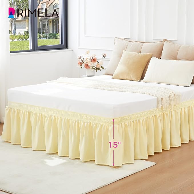 RIMELA Bed Skirt Queen Size 14 Inch Drop, Wrap Around Elastic Bedskirt Solid Microfiber Luxury Hotel Quality Fabric, Easy to Install Machine Washable Wrinkle & Fade Resistant, Beige Yellow