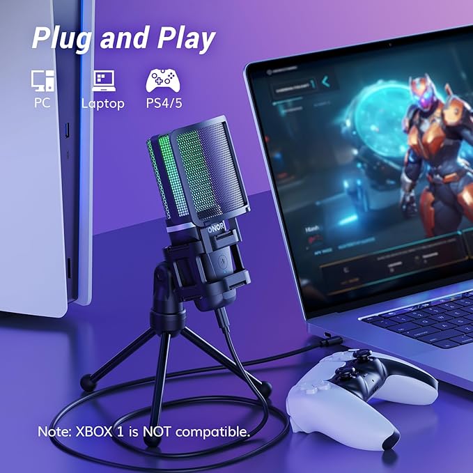 TONOR Gaming USB Microphone for PC, RGB Condenser Computer Mic with Tripod Stand, Quick Mute, Gain Control, for Gaming, Streaming, Podcasting, Recording, Cardioid Mic Kit for Laptop/PS4/PS5 TC777 Pro