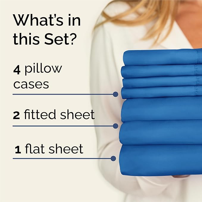 Split King 7 Piece Sheet Set - Cooling & Breathable - Hotel Luxury Bedding, Includes Fitted Sheets for Women, Men, Kids & Teens - 1 Flat, 2 Fitted Sheets, 4 Pillowcases w/Deep Pockets - Royal Blue