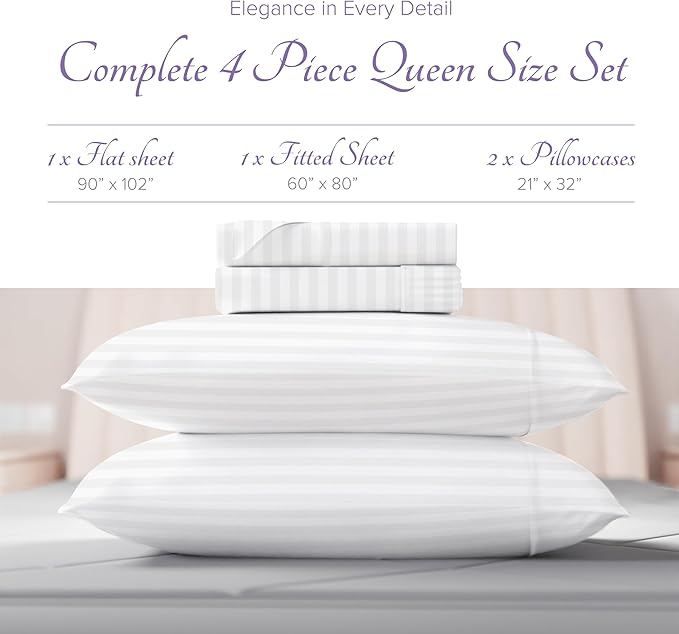 Carressa Linen Luxury Egyptian Cotton Queen Stripe Sheet Set - 600 Thread Count Extra Long Staple 4 PC Set, Crisp White Queen Damask Sheets, Soft, Cooling Sateen Weave Sheets Upto 18 in Deep Pocket