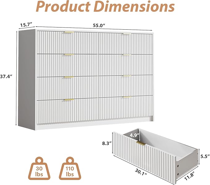 White Dresser for Bedroom, 8 Drawer Double Dresser, Modern Chest of Drawers for Bedroom, Living Room, Entryway and Closet, 55" L x 15.7" D x 37.4" H