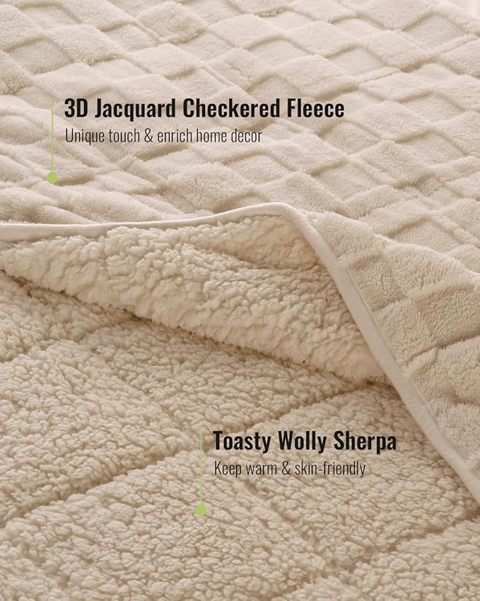 Uttermara Sherpa Fleece Weighted Blanket Full Size(15lbs, 48" x 72", Khaki), 3D Jacquard Checkered Warm Sherpa Heavy Blanket for Adults, Soft Fuzzy Weighted Blankets for Couch Bed Sofa