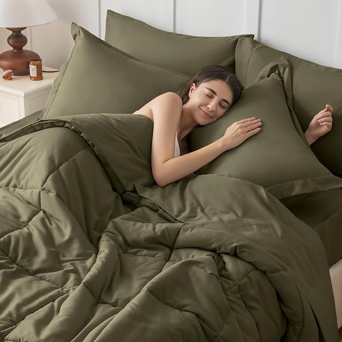 JOLLYVOGUE King Comforter Set, Ultra-Soft Bed in a Bag King Size 7 Pieces, Oeko-TEX Certified Bedding Set with Down Alternative Comforter, Sheets, Pillowcases & Shams, Olive Green