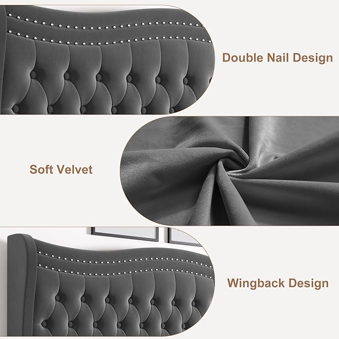 Upholstered Queen Size Bed Frame with Tall Headboard, Velvet Wingback Platform Bed Frame with Deep Button Tufted, No Box Spring Needed, Noise Free, Grey