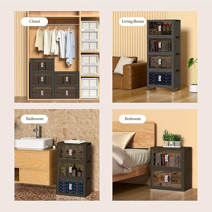 Stackable Storage Bins, Plastic Storage Bins with Lid and Wheels, Collapsible Storage Containers with Magnetic Doors, Foldable Storage Boxes for Home, Pantry, Office (M, Gray 3-Tier)