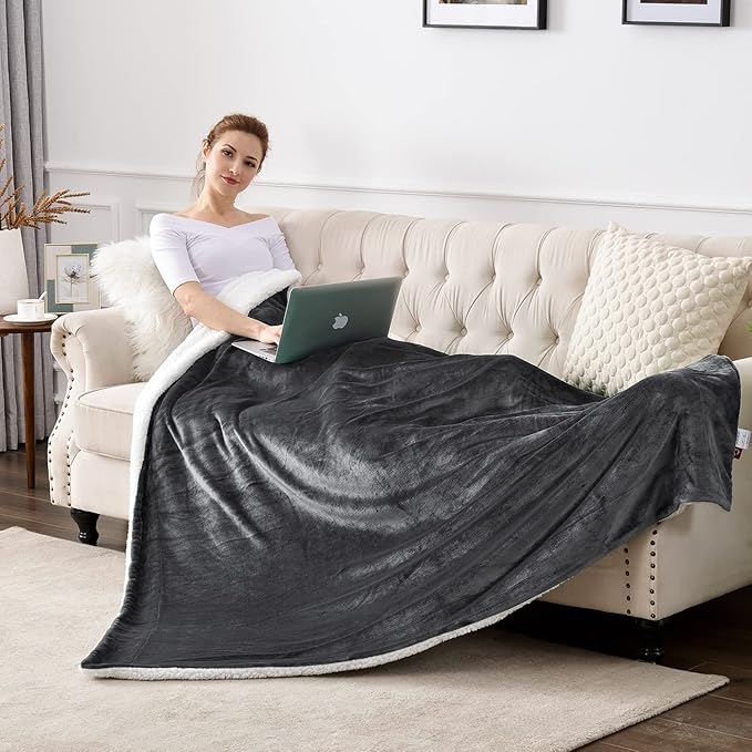 SOCHOW Sherpa Fleece Throw Blanket, Double-Sided Super Soft Luxurious Plush Blanket Queen Size 90 inchx90 inch, Dark Grey