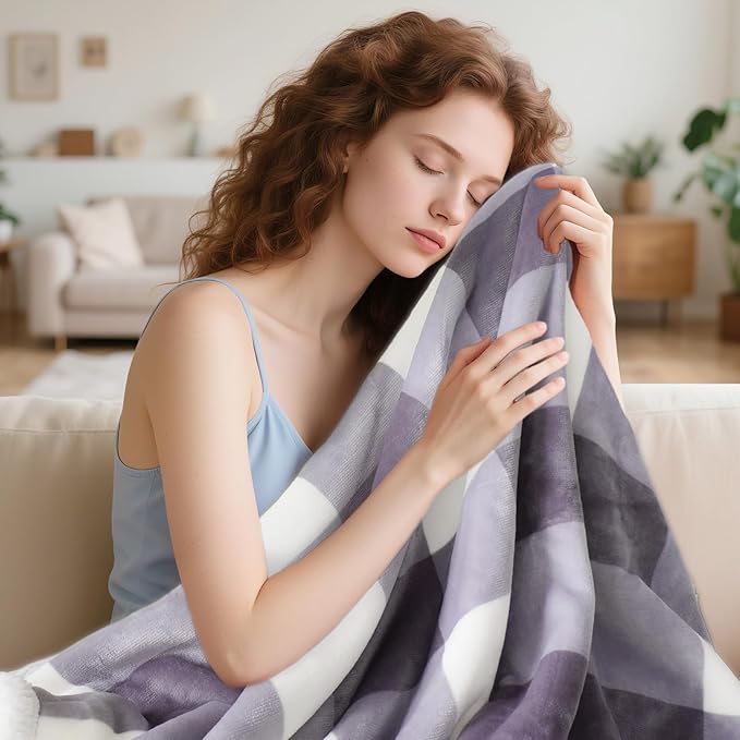 Sherpa Blanket Throw Blanket for Couch Bed Sherpa Fleece Blanket Fluffy Checkered Soft Blanket for All Season Use Cozy Thick Warm Big Throws Twin (Grey-Soft White, 60"*80")