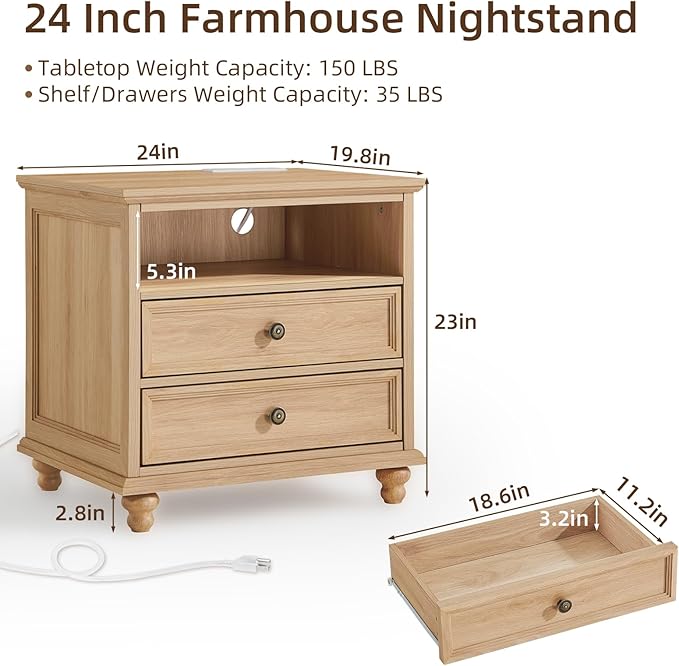 24" Wide Farmhouse Nightstand Set of 2 with Charging Station,End Table with 2 Drawers,Natural Wood Dresser for Bedroom Cabinet, Bed Side Table Chest of Drawers, Night Stand for Living Room