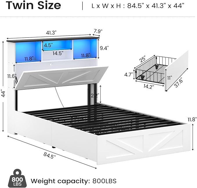 AOGLLATI Farmhouse Twin Bed Frame with 4 Storage Drawers and Charging Station,Wooden Led Twin Bed with Storage Hidden Space Headboard and Metal Slats,No Spring Box Needed,White