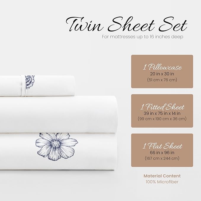 Linen Market Double-Brushed Patterned Microfiber Twin Sheet Set 3 Piece – Oeko-TEX Certified Ultra Soft & Wrinkle-Free - 16" Deep Pocket Sheets - Easy Care Twin Size - Indigo Flowers Navy