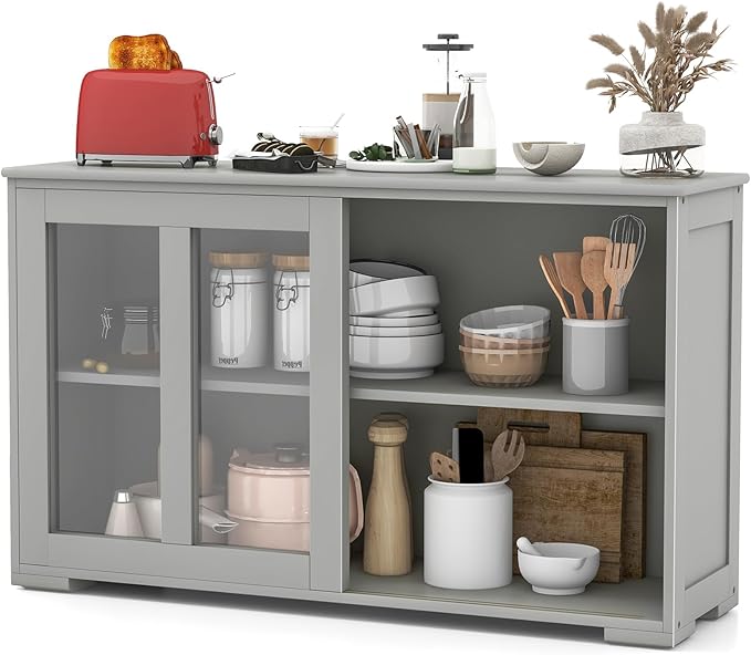 Costzon Sideboard Buffet Cabinet of 2, Wooden Kitchen Storage Cabinet with Adjustable Shelf, Sliding Glass Doors, Accent Coffee Bar Cabinet Console Table for Living Room, Dining Room, Hallway