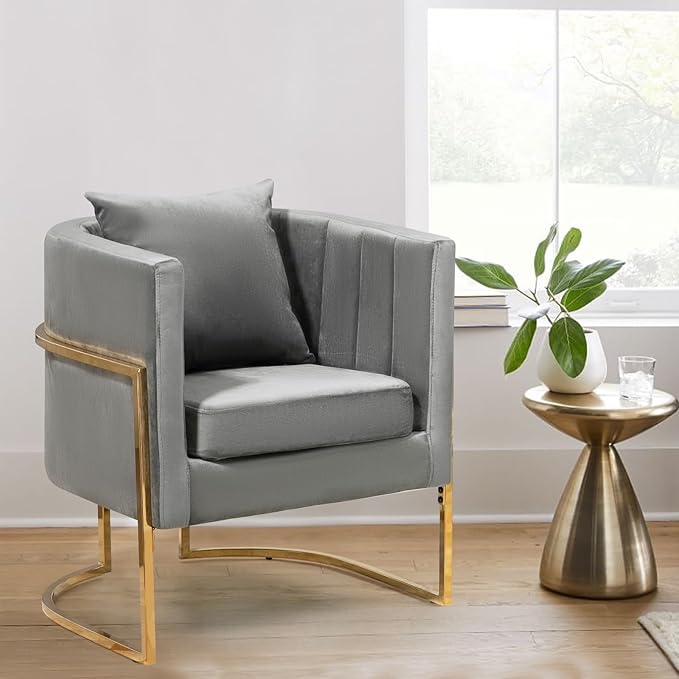 Velvet Modern Accent Chair, Upholstered Barrel Armchair Mid Century with Pillow for Living Room, Comfy Single Vanity Chair with Metal Gold Legs for Bedroom, Grey