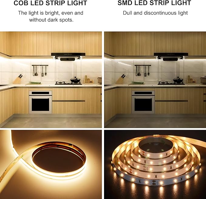 COB LED Strip Lights with Remote, 24V 9.84ft Warm White Dimmable LED Light Strips, High Bright 3000K LED Lights with Power Supply for Room, Kitchen, DIY Home Decoration