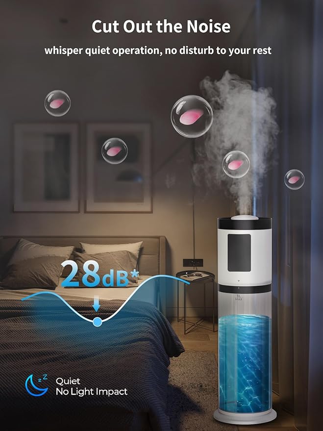 8L Humidifiers for Bedroom, 30dB Quiet, 500ft² Coverage, 60H Runtime, Top Fill, 3-in-1 Humidifier Large Room & Essential Oil Diffuser & Ambient Light, Sleep Mode, 16H Timer, Auto Shutoff Protection