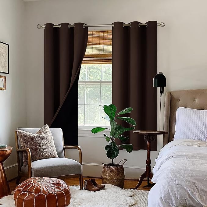 BGment Thermal Insulated 100% Blackout Curtains for Bedroom with Black Liner, Double Layer Full Room Darkening Noise Reducing Grommet Curtain (42 x 72 Inch, Brown, 2 Panels)