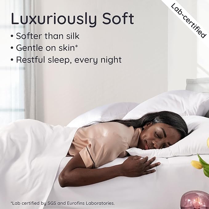 Bambaw 100% Viscose Derived from Bamboo Sheets Queen Size– 6pcs Queen Sheet Set Cooling Sheets, Breathable Bed Sheets, Fits Up to 16'' with Elastic Corner Straps, Super Soft Sheets Queen Size (White)
