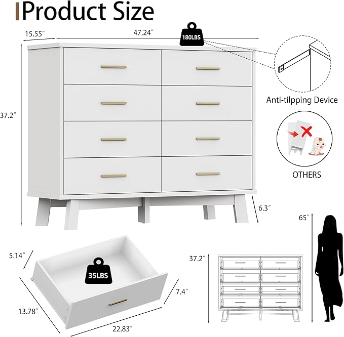 Dresser for Bedroom, 8 Drawer Wide Modern Chest of Drawers with X-Shaped Sturdy Base, Wood Double Dresser Closet Clothes Storage Organizer, Wooden TV Stand for Living Room, Hallway, White