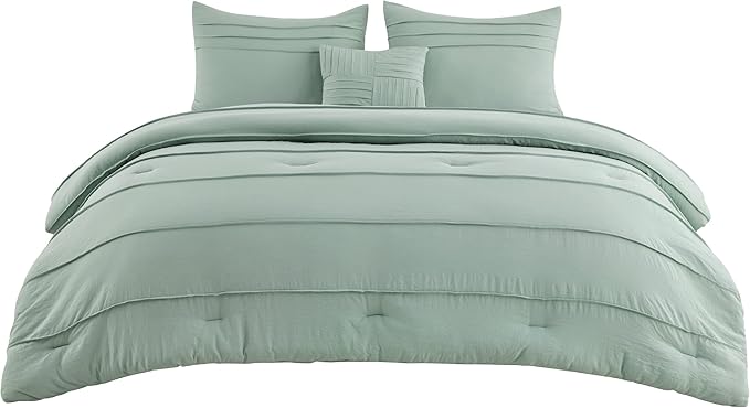 Bedsure California King Comforter Set - 4 Pieces Pinch Pleat Bed Set, Sage Green Boho Bedding for All Season, 1 Soft Comforter, 2 Pillowcases, 1 Decorative Pillow