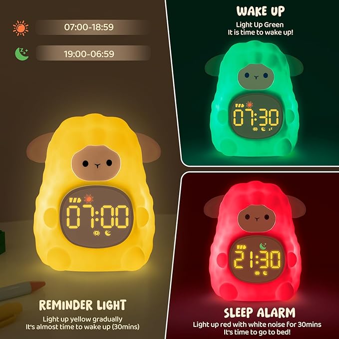Sheep Alarm Clock with Night Light for Kids with Sleep Training and Sound Machine, Rechargeable Silicone Lamp OK to Wake Clock，Cute Animal Tabletop Lamp, Perfect Sleep Companion for Boys Girls, Pink