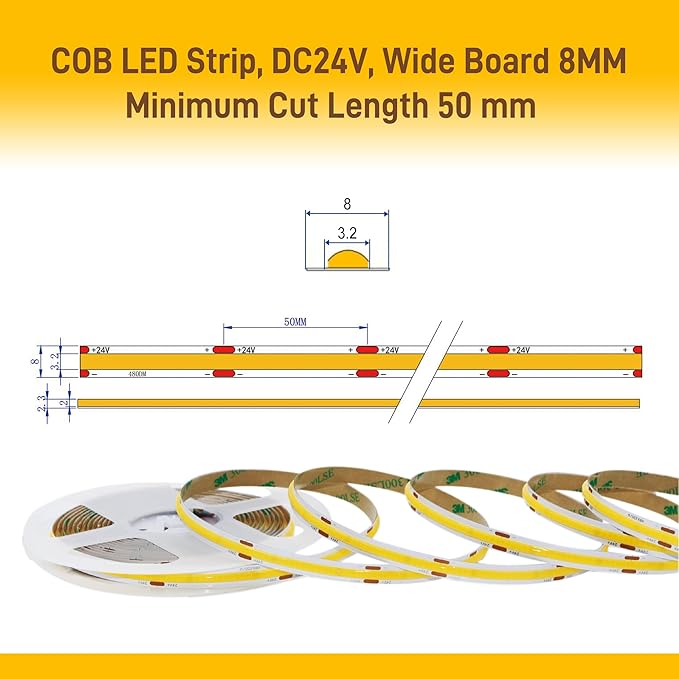 COB LED Strip Lights Warm White,24V Dimmable led Light Strip KIT with Remote and app Control,3000K 9.84FT/3m 8mm Wide Ra>90 Cuttable Flexible Strip Lights for Bedroom,Wardrobe,Cabinet