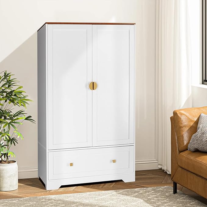 VINGLI 38" Wide Wardrobe Closet, White Armoire Wardrobe with Hanging Rod, Shelves and Drawer, Freestanding Closet Armoire Cabinet,Armoires and Wardrobes with Doors for Bedroom,Dorm,21"D x 38"W x 65"H