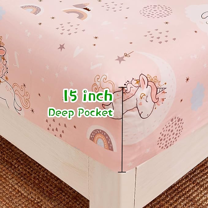 JSD Pink Unicorn Kids Sheet Set Twin Size, 3 Piece Girls Rainbow Printed Microfiber Bed Sheets Deep Pocket