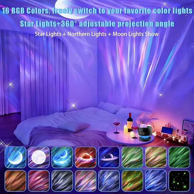 Northern Lights Projector Galaxy Projector for Bedroom, 3 HD Projection Lenses,16-Color Moon Light,USD&Bluetooth Str Projector Galaxy Lights,Star Lights,Ambient Lighting,Lights for Bedroom