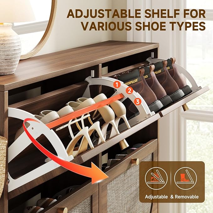 Nicetree Freestanding Ultra Slim Arched Rattan Accent Shoe Storage Cabinet for Entryway - 4 Flip Drawers & 3-Tier Adjustable Shelves, Farmhouse Modern Rustic Shoe Rack for Hallway, Foyer
