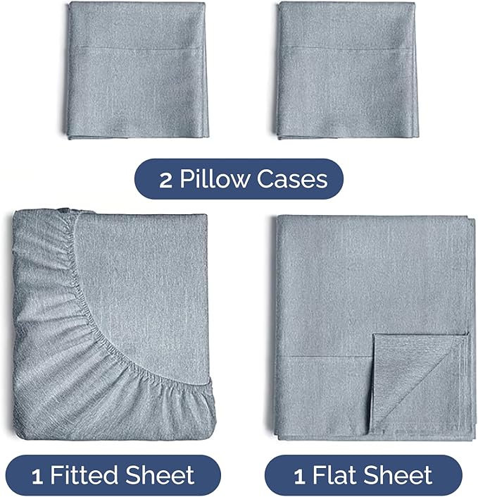 Twin XL 4 Piece Sheet Set - Cooling & Breathable - Hotel Luxury Bedding, Includes Fitted Sheet for Women, Men, Kids & Teens - 1 Flat, 1 Fitted Sheet, 2 Pillowcases w/Deep Pockets - Heathered Blue