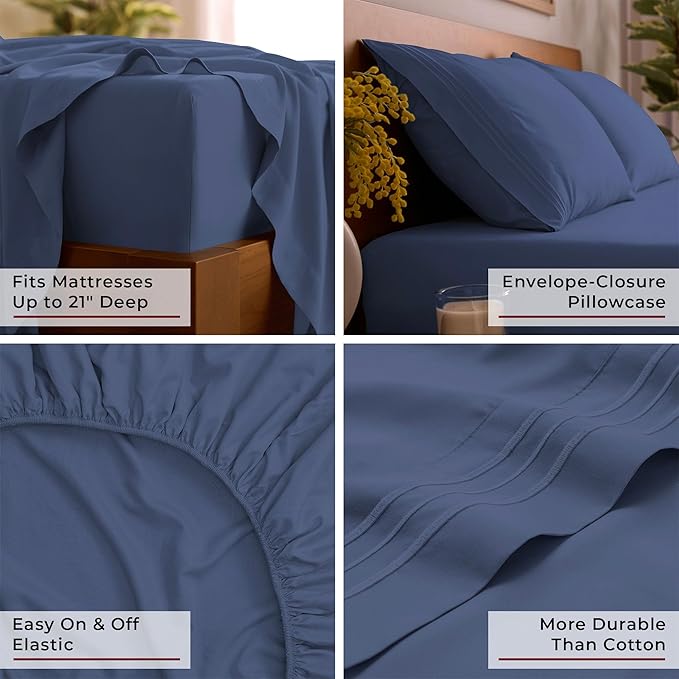 Mellanni Queen Sheet Set - 6-Piece Iconic Collection Bedding, (Including 4 Pillowcases), 21-Inch Extra Deep Pocket, Easy Care, Ultra Soft, Cooling Sheets, Brushed Microfiber - Blue Nova