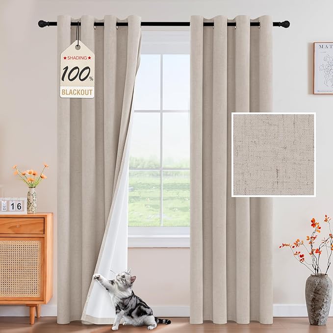 PrinceDeco Nature Linen Blackout Curtains 96 Inch Long Thermal Insulated Draperies Sun Block & Room Darkening Curtains for Bedroom Windows with Nickel Grommet(2 Panels Set,Heathered Natural)