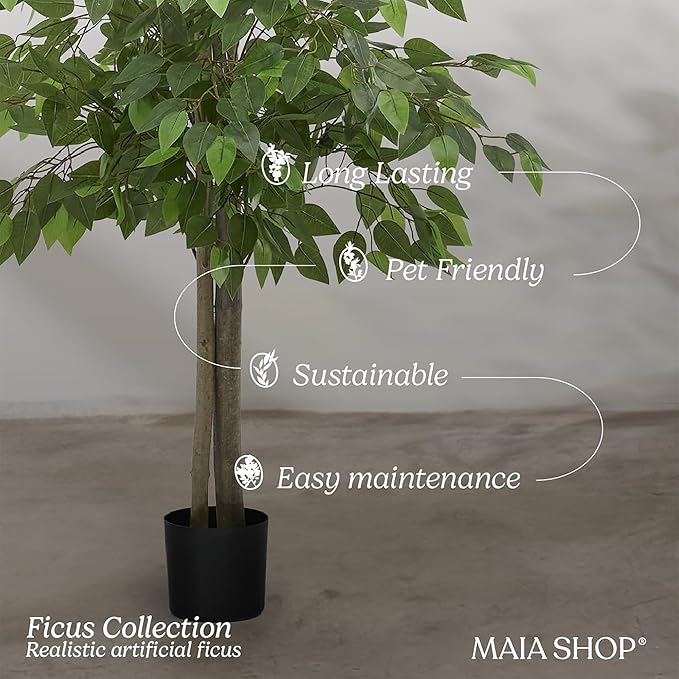 Maia Shop 71in Artificial Ficus Tree Plant for House, Apartment or Office – Realistic Fake Indoor Plants for Living Room, Kitchen, Bedroom, Entryway or Bathroom – Faux Greenery for Home Décor